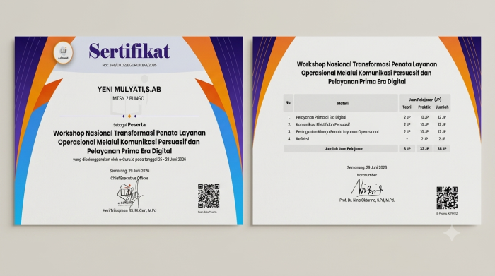 Tingkatkan Kualitas Pelayanan, Yeni Mulyati dari MTsN 2 Bungo Sukses Selesaikan Workshop Nasional Era Digital