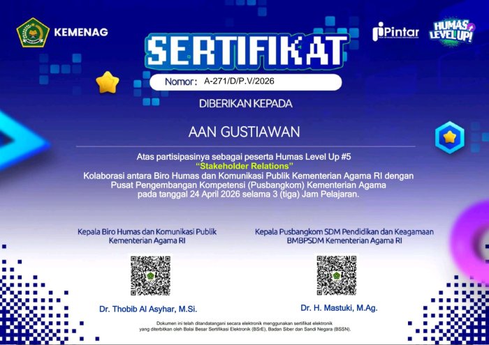 Dua Staf MTsN 2 Bungo Berhasil Selesaikan Pelatihan Humas Level Up 5 Stakeholder Relations dan Terima Sertifikat Dua Staf MTsN 2 Bungo Berhasil Selesaikan Pelatihan Humas Level Up 5 Stakeholder Relations dan Terima Sertifikat