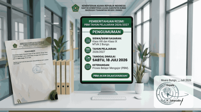 Proses Belajar Mengajar MTsN 2 Bungo untuk Kelas VIII dan IX Dimulai 18 Juli 2026