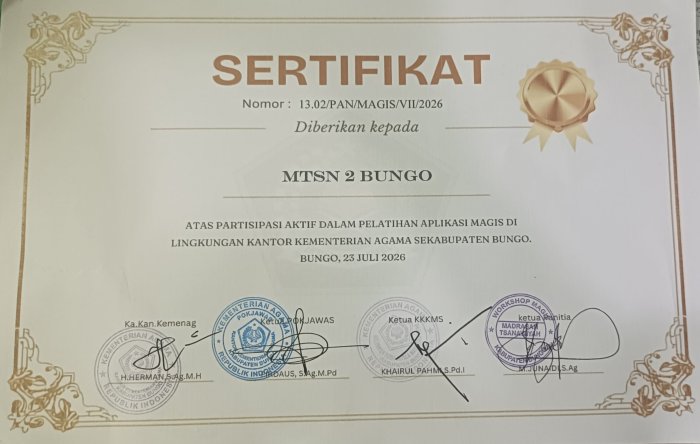 Wujud Komitmen Digitalisasi, MTsN 2 Bungo Raih Sertifikat Partisipasi Pelatihan Aplikasi MAGIS Wujud Komitmen Digitalisasi, MTsN 2 Bungo Raih Sertifikat Partisipasi Pelatihan Aplikasi MAGIS
