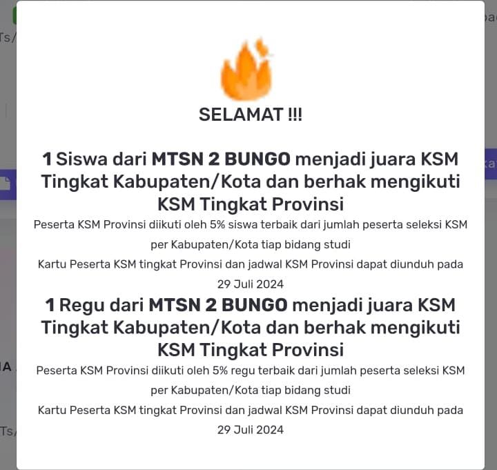MTsN 2 BUNGO MERAIH JUARA 1 KATEGORI BEREGU DAN JUARA 2 KATEGORI INDIVIDUAL KSM TINGKAT KABUPATEN BUNGO