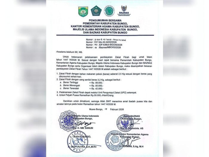 Pemkab Bungo serta kemenag Bungo Tetapkan Besaran Zakat Fitrah 1447 H/2026 M, Tertinggi Rp 58 Ribu Pemkab Bungo serta kemenag Bungo Tetapkan Besaran Zakat Fitrah 1447 H/2026 M, Tertinggi Rp 58 Ribu