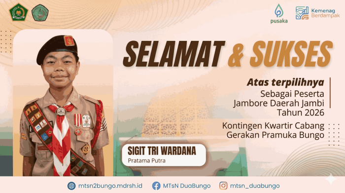 Membanggakan Sigit Tri Wardana, Siswa MTsN 2 Bungo Terpilih Menjadi Peserta Jambore Daerah Jambi Tahun 2026